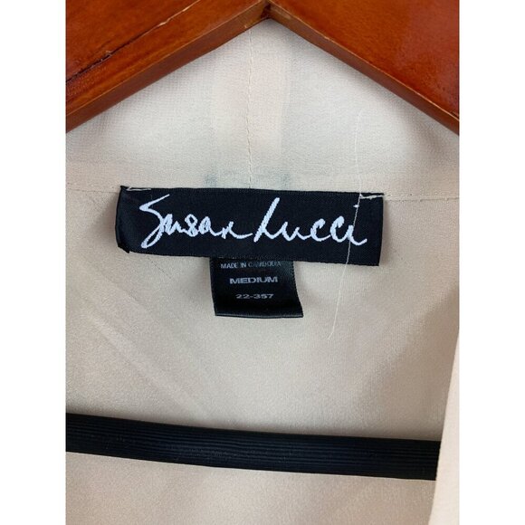 Susan Lucci Medium Satin Beige Blouse With Tie Front & Cap Sleeves - Picture 2 of 5